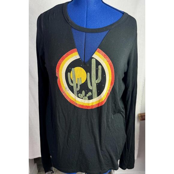 Tops - rock n roll cowgirl black long graphic tee desert cactus moon western‎ boho l
